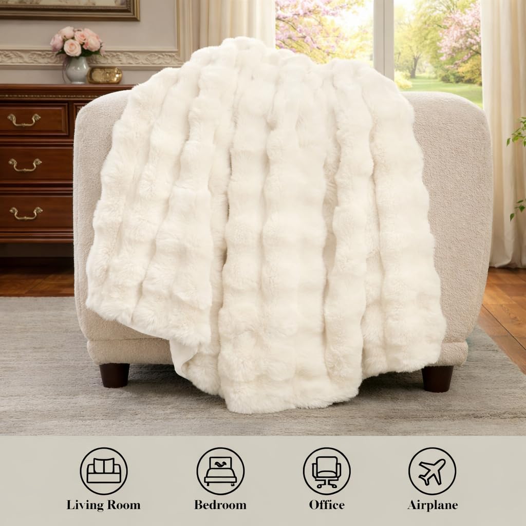 Amélie Home Faux Fur Throw Blanket for Couch, Ultra Soft Fuzzy Plush Bubble Throw for Sofa, Living Room & Home Decor, 50"x60", Cream White