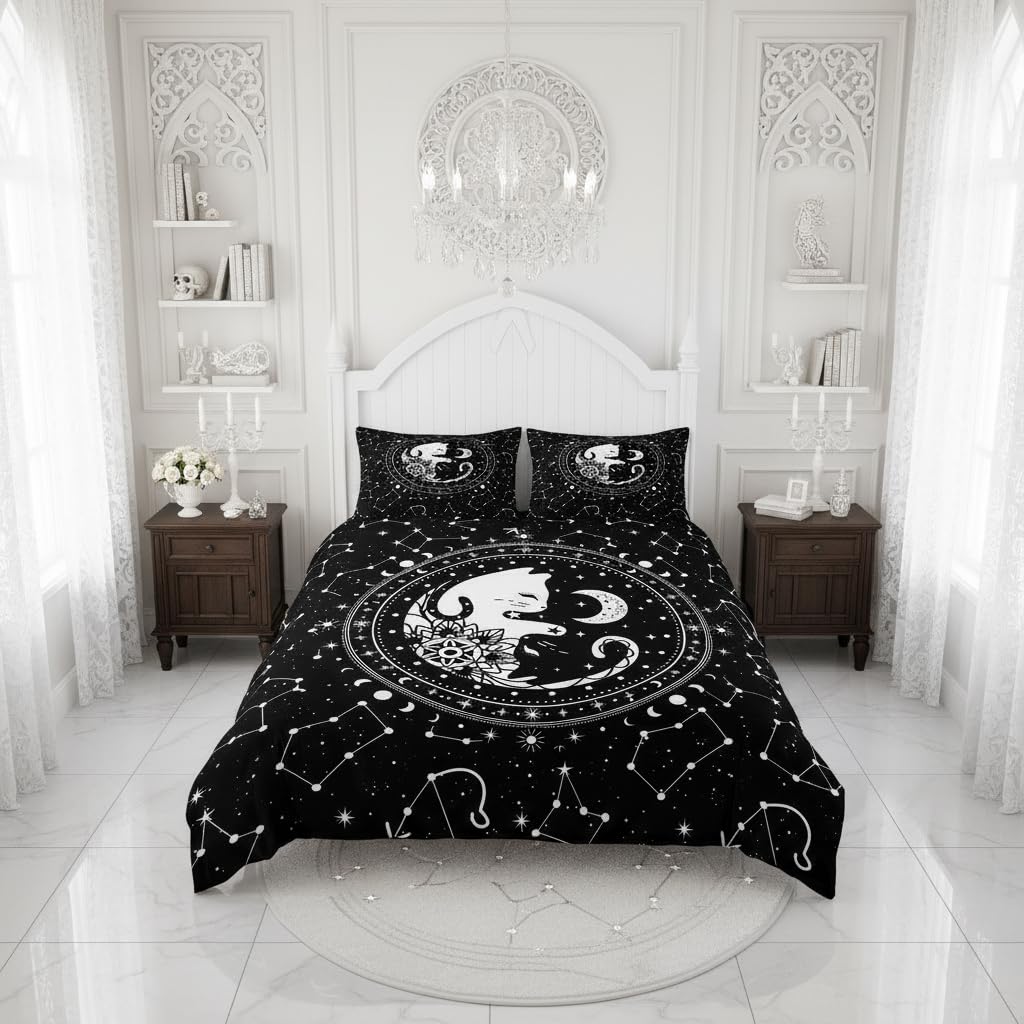Tai Chi Cats Duvet Cover King,Gothic Starry Galaxy Moon Constellation Bedding Set 3pcs Kids Teens Boy Girls Room Decor,Animals Flower Plants Comforter Cover Black Exotic Quilt Cover with 2 Pillowcases