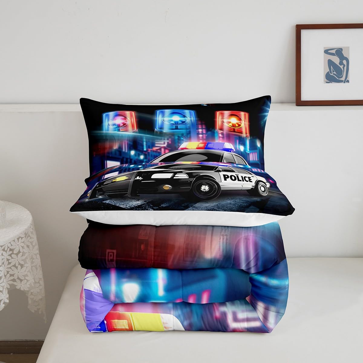 Feelyou Kids Police Car Toddler Bedding Set Policeman Boys Comforter Set for Adults Girls Black The Polica Vehicle Comforter Automobile Car Decor Quilt Set with 1 Pillowcase 2Pcs Bedding Twin