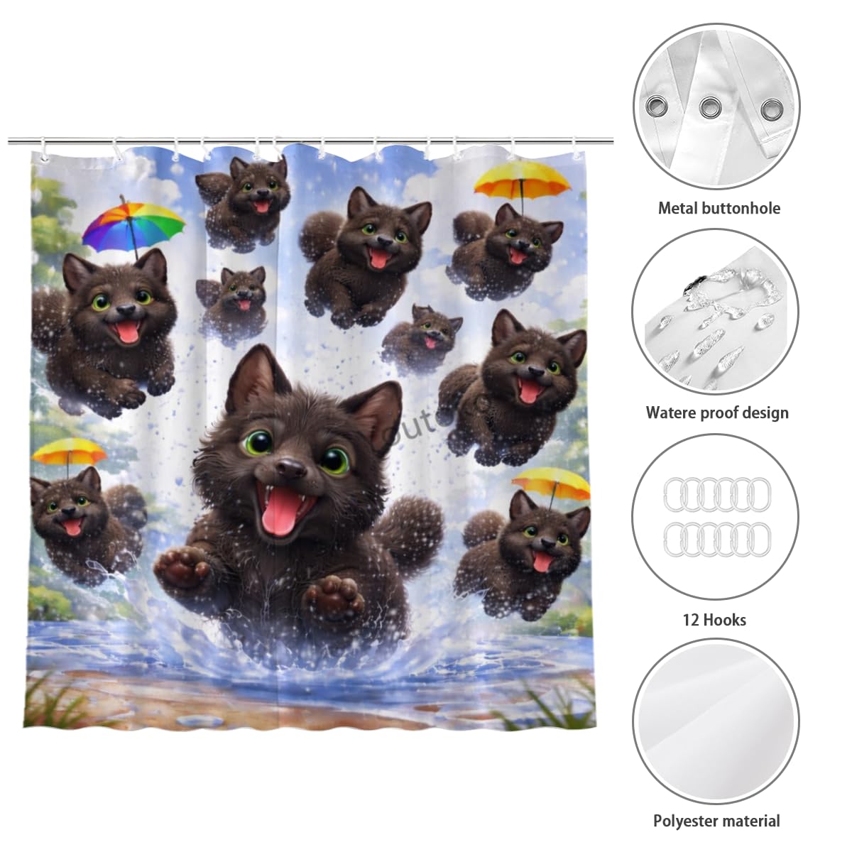 Youtoko Funny Black Cat Bathroom Decor Shower Curtain 72x72 Inch with 12 Hooks Umbrella Water Splash Animal Art Waterproof Washable Polyester