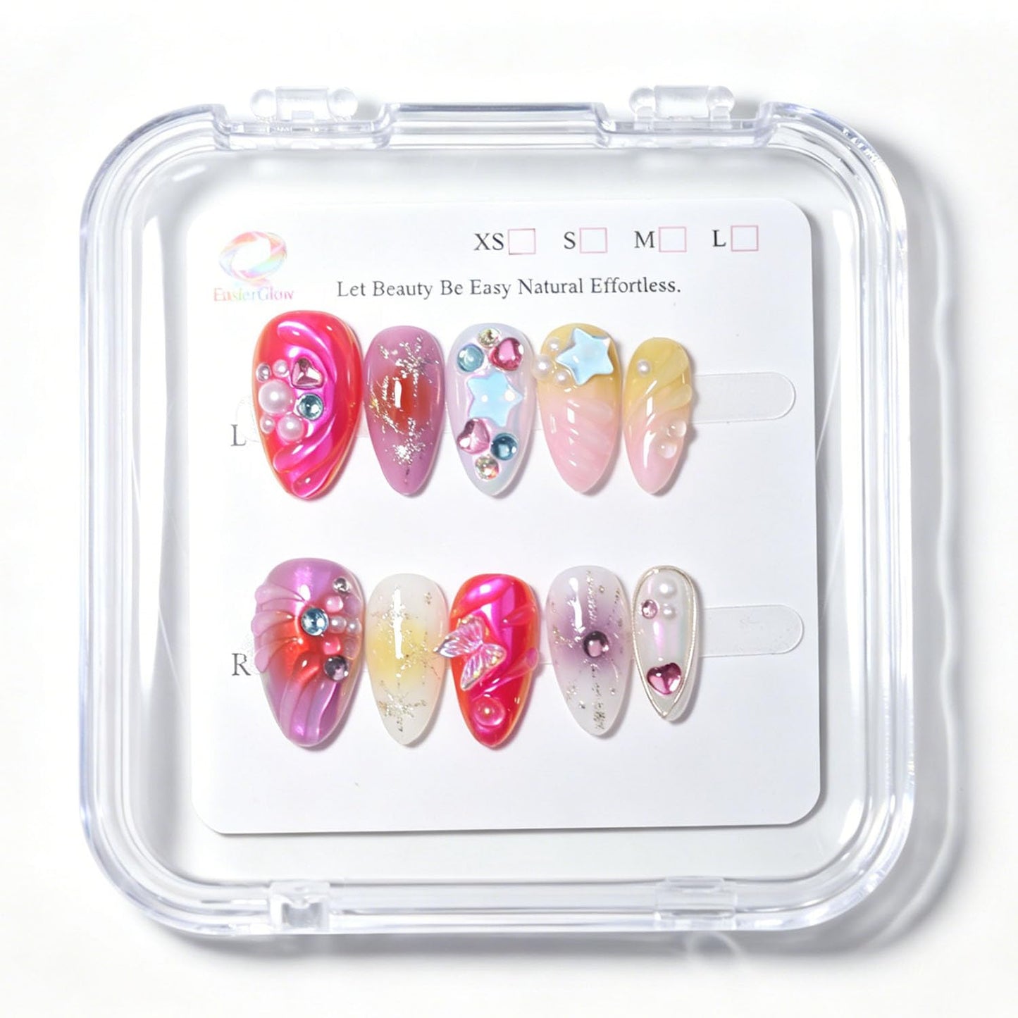 EasierGlow 10 Pcs Handmade Short Almond Press On Nails - Easy Apply & Remove, Reusable & Salon Quality | Y2K Multicolor Press Ons with 3D Butterfly, Star & Swirl Sculpted Accents(UO07, S)