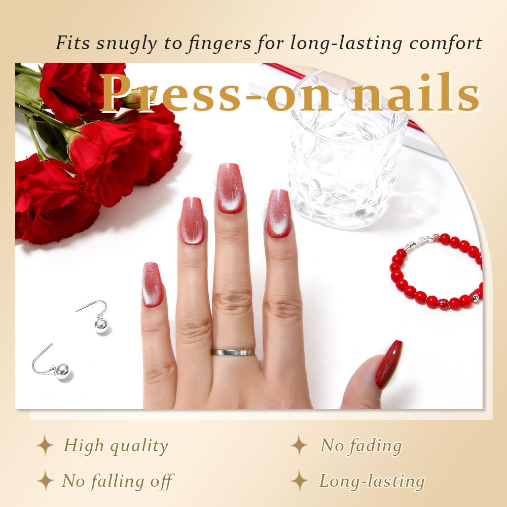 evpct No Glue Red Pink Cat Eye Coffin Press on Nails Square Medium, Medium Square Stick on Nail for Women, Red Pink Metallic Glitter Glossy Reusable Summer Soft Press on Acrylic Fake Nail with Design