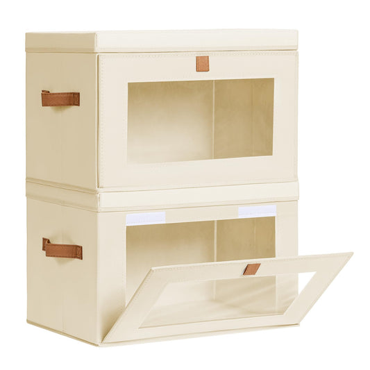 Homsorout Large Closet Storage Organizer - Clothes Storage Bins with Handles & Window, Collapsible Decorative Boxes with Lids, Fabric Containers for Living Room, Dorm, 2 Pack, Beige