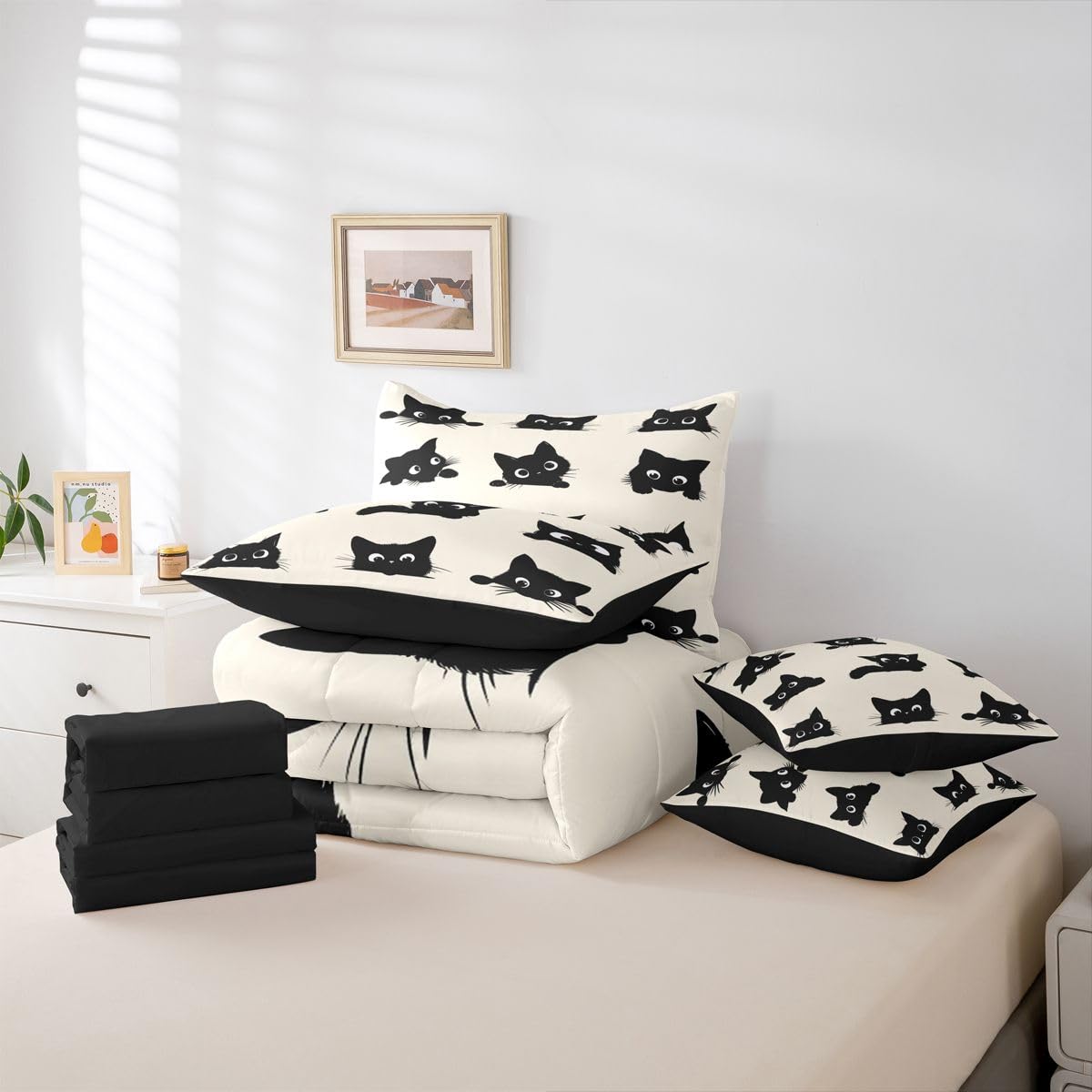 Erosebridal Cute Cat 7-Piece Bedding Set Full Size for Kids Boys Girls (Black and Beige) - Funny Black Cats Bed in a Bag Cartoon Kitten Animal Comforter Set with Sheets Cute Cat Duvet Insert