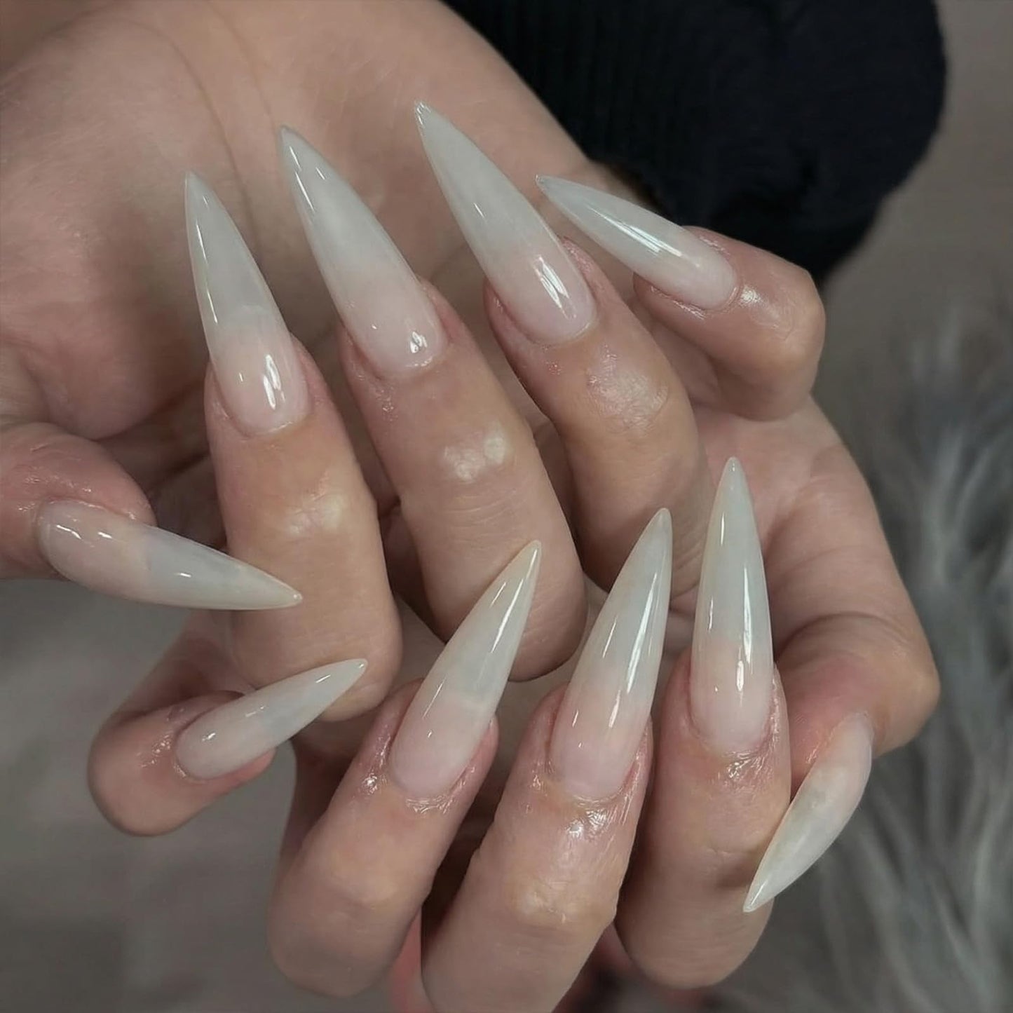 SINHOT Stiletto Press on Nails - Long Fake Nails, Glossy Finish, White Gradient & Nude Neutral, DIY Artificial False Nail Art - 24 Pcs Nail Kit with Glue