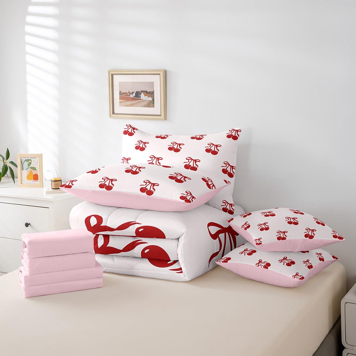 Erosebridal 7 Piece Cherry Bows Kids Comforter Set King Bed in a Bag,Dreamy Princess Style Bedding Set for Girls Women,Girly Red Cherries Bowknot Sheet Set,Cartoon Bow Tie Duvet Insert