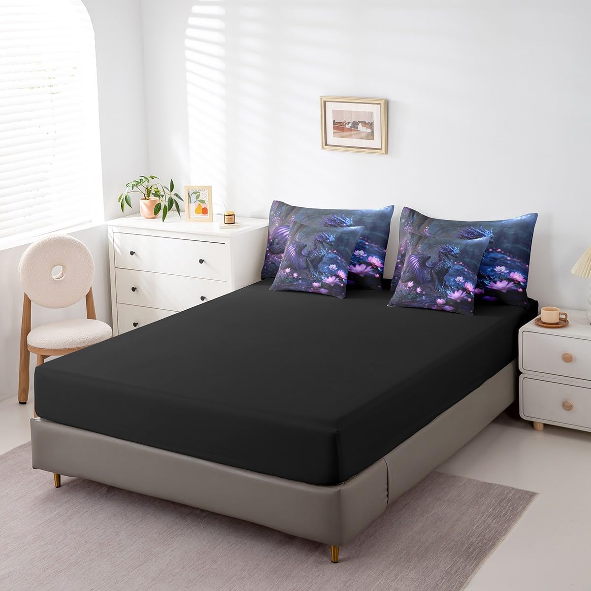 Feelyou Dragon Comforter Set with Sheets Twin Size Dragon Stuff Bed in a Bag for Boys Girls Teens Wild Life 7 Pieces Bedding Set Flower Bed Set Room Decor Black Purple
