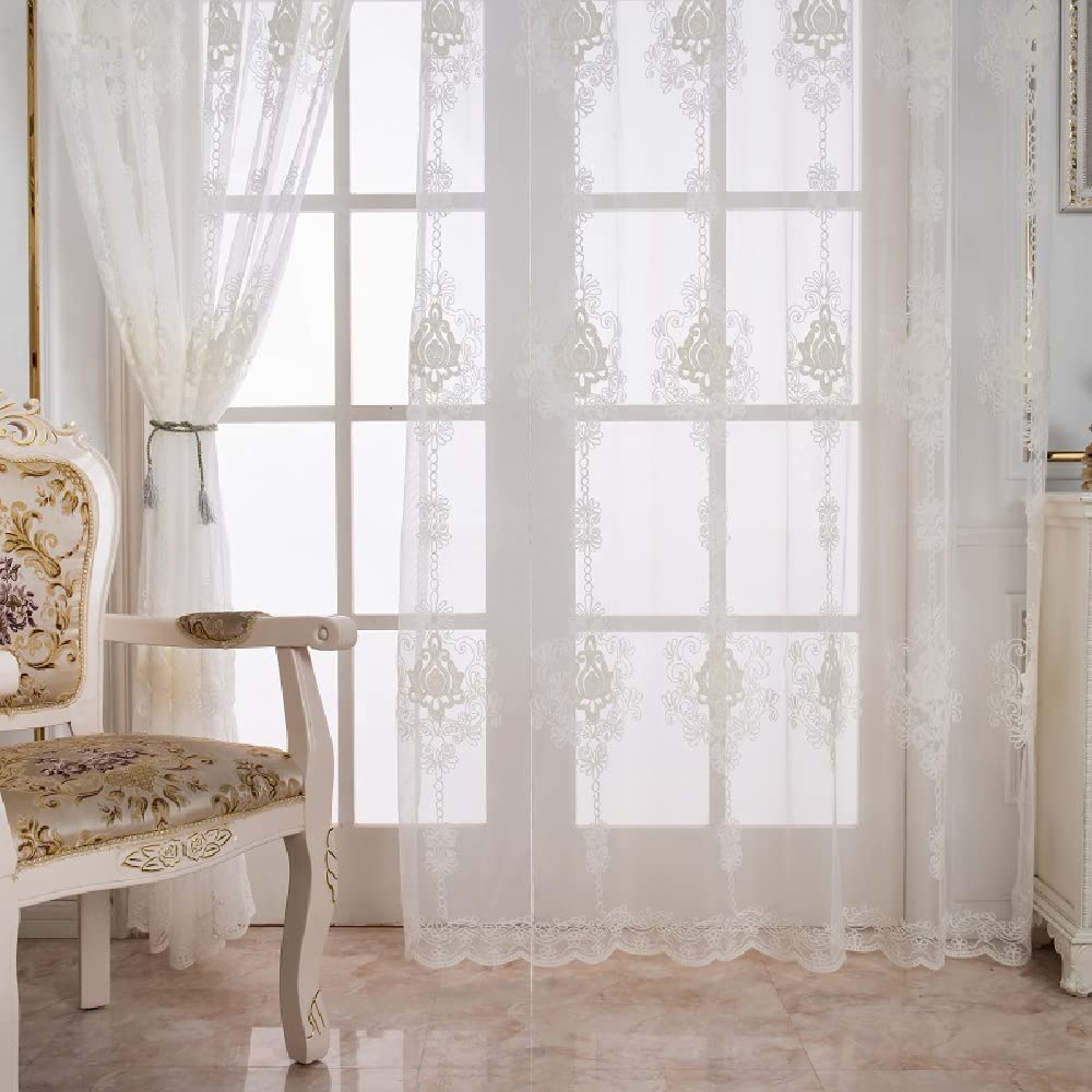 Amidoudou 1 Pair European Luxury Tulle Curtains Sheer Curtains for Living Room Bedroom (White,54x96 Inch)