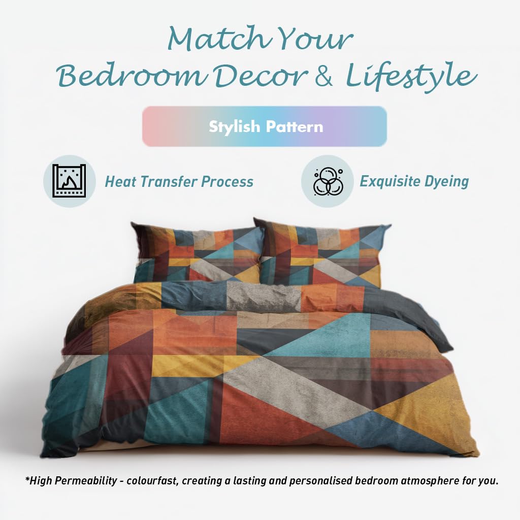Patchwork Geometric Queen Duvet Cover Set 3 Piece, Retro Abstract Art Reversible Bedding with 2 Pillow Shams, Zipper & Ties, Ultra Soft Microfiber, Geometric Bedroom Decorations 60A-T