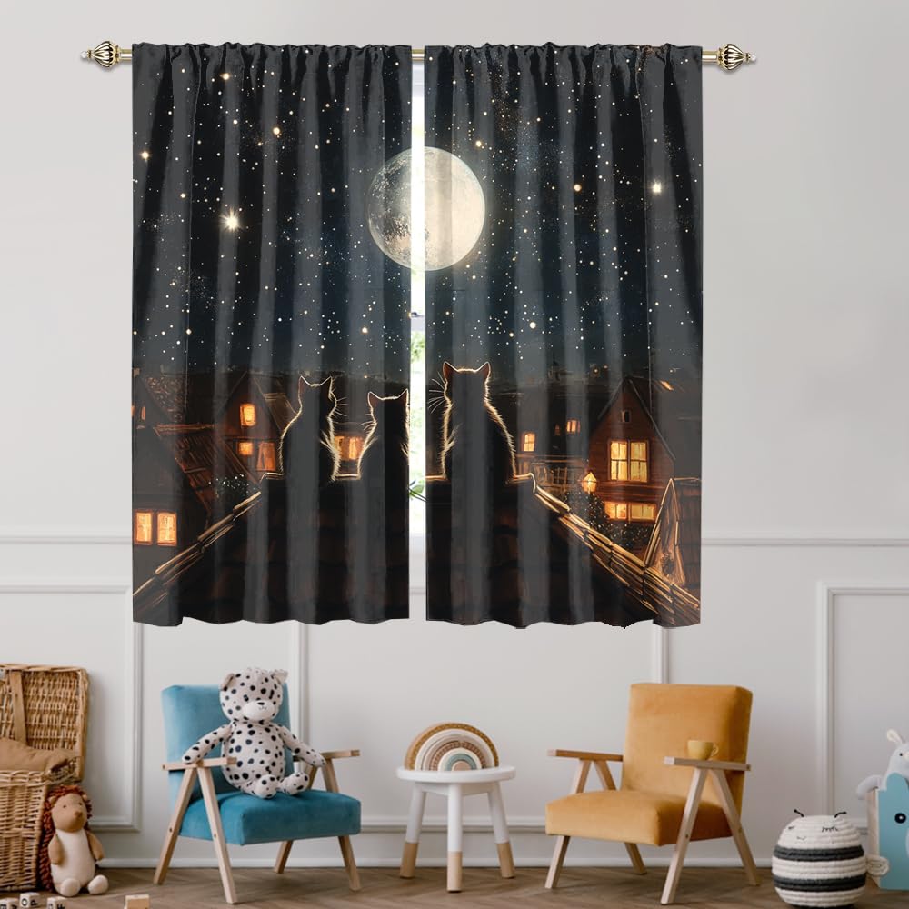 FBMLBRB Cute Cartoon Animals Cat Curtains,Modern Farm Animal Black Cats Full Moon Window Treatment Blackout Curtains Rods Pocket Curtains-45 L x 21" W x 2 Panels (Blackout)