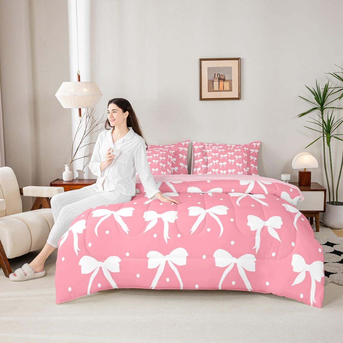 Feelyou Bow Comforter Set with Sheets 7 Piece Queen Size Cute Bowknot Bedding Set for Kids Boys Girls Princess Style Bed in a Bag Pink and White Room Decor Kawaii Soft Lightweight Microfiber