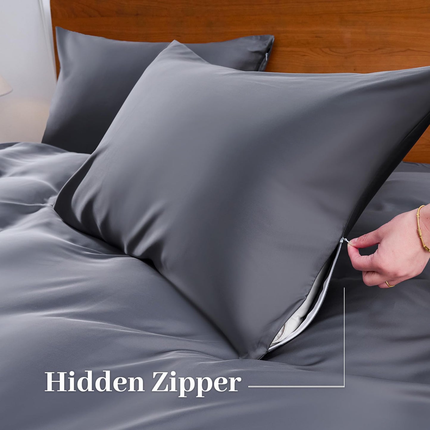 YIYEA 100% Viscose Derived from Bamboo Sheets, 600 Thread Count Cooling Bed Sheet Set for Hot Sleepers, Silky Soft, Breathable, 16" Deep Pocket, 4PC, King, Dark Gray