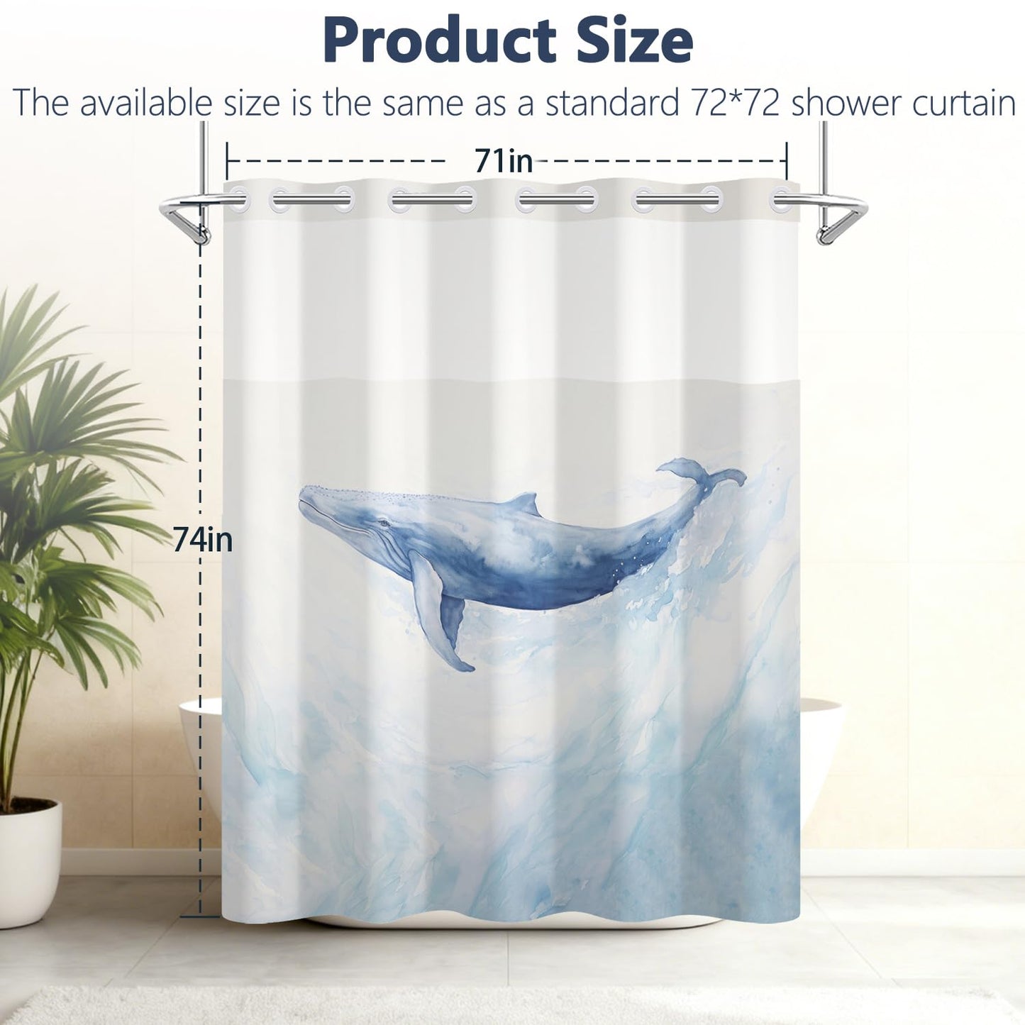 Sea Whale Shower Curtain with Snap in Liner, Blue Ocean Marine Life Coastal Design Bathroom Curtains, Double Layers No Hook Shower Curtain with Weighted Hem, Washable Waterproof Fabric, 71x74 Inch
