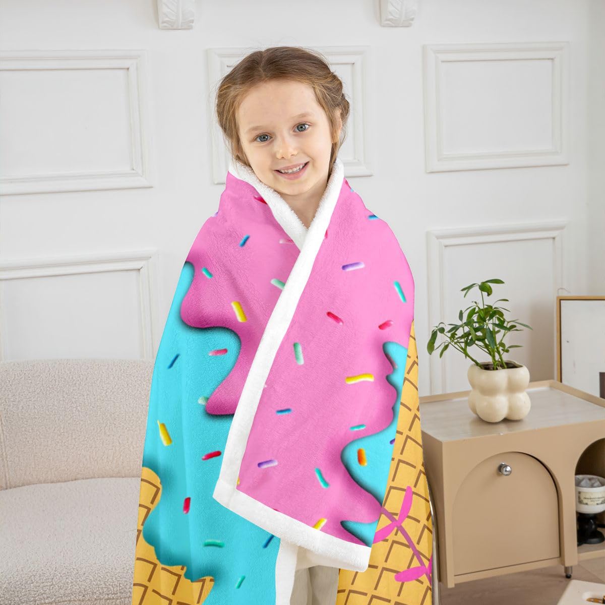 jejeloiu Ice Cream Baseball Fleece Throw Blanket Sweet Sport Hybrid Sherpa Blanket for Kids Women Men Plush Fuzzy Dessert 40"x50" Pink Teal Yellow for Bed Couch Chair Living Room Bedroom Decor