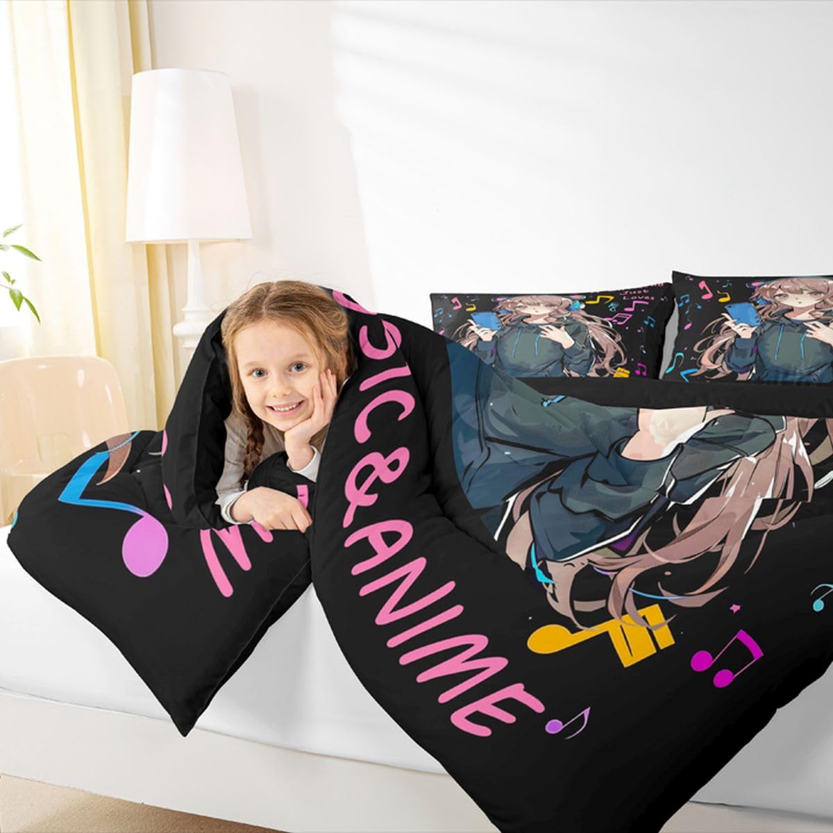Erosebridal Pink Anime Girl Toddler Bedding Set,Music Note Comforter Set Anime Gifts for Kids Girls,Musical Themed Quilt Bed Set Japanese Anime Bedding Comforter Sets,1 Pillowcase Room Decor
