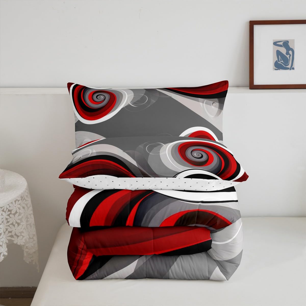 Feelyou Gray Black Red Swirl Bedding Set Kids Geometric Stripe Comforter Set Boys Girls Trippy Circle Decor Comforter Farmhouse Abstract Artwork Duvet Set Bedroom Quilted Set Queen Size