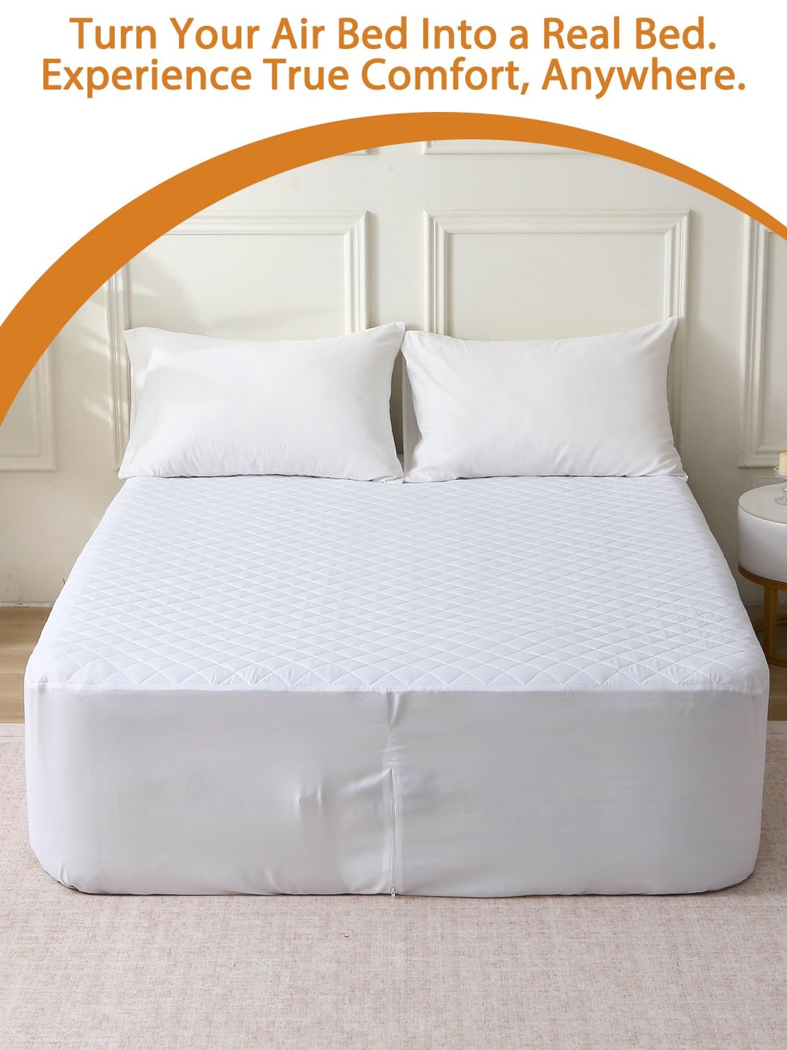 Bedecor Twin Quilted Air Mattress Pad with Pump Access Zipper,Air Bed Protector Cover, Deep Pocket Fits 18-24 Inch Blow Up Beds, Quiet & Breathable,White Diamond