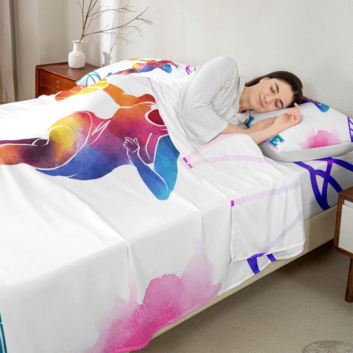 Basketball Lovers Kids Sheet Full Size,Modern Sports Games Competition Bedding Set,Girls Boys Adults Room Decor,Hand Painted Fashion Pink Purple Bed Sheet Set 4pcs(Fitted + Flat + 2 Pillowcases)