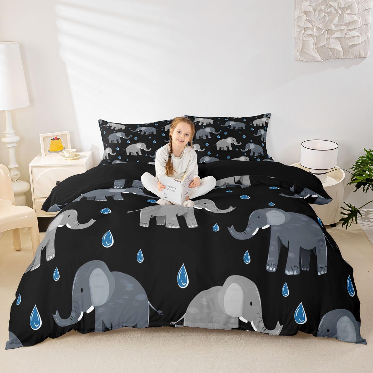 Erosebridal Elephant Comforter Cover Twin Black and Gray Duvet Cover for Kids Teens Raindrops Bedding Set Wild Animals Bed Set