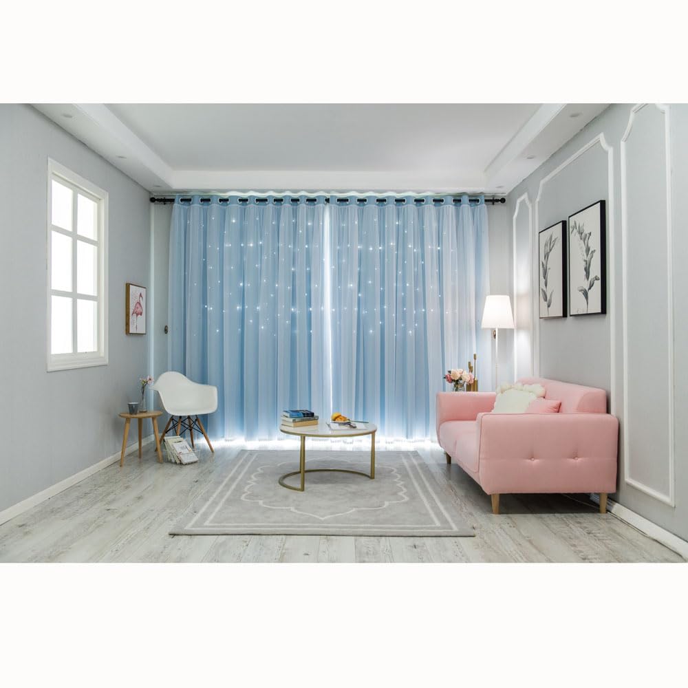 FANLI 2 Panels Star Blackout Curtains for Kid Girls Bedroom Living Room Darking Stripe Double Layer Star Cut Out Wall Home Decor Gradient Grommet Window Curtains (Blue 72L)