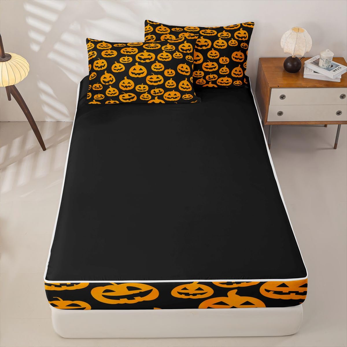 Feelyou Spooky Pumpkin Zipper Bedding Sets for Kids Boys Girls Halloween Themed Queen Comforter Set with Fitted Sheet Trick or Treat Bedroom Decor Graveyard Microfiber with 2 Pillow Cases