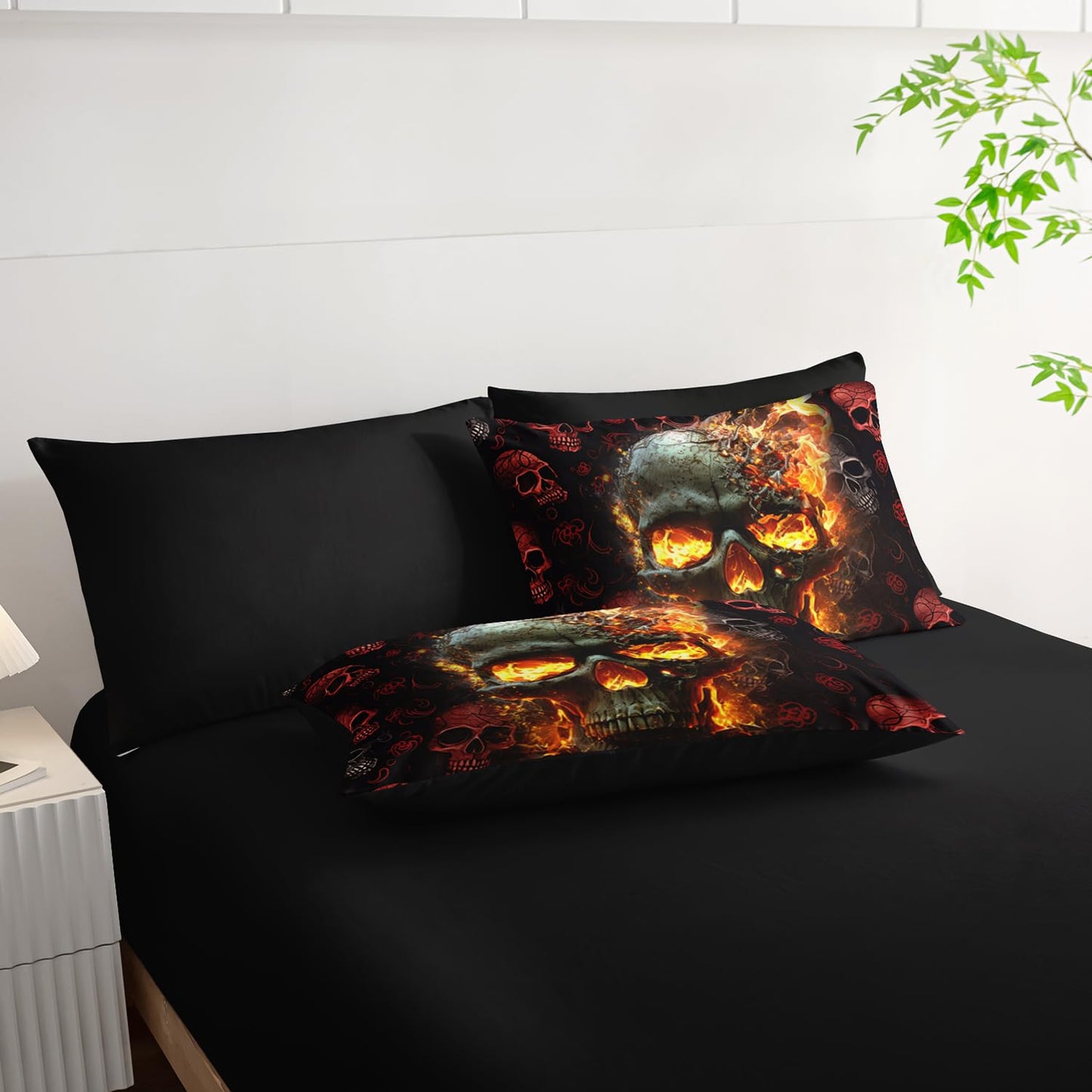 AILONEN 7-Piece Fire Skull Comforter Sets Full Size,3D Skeleton Bedding Set for Kids Boys Teens,Fiery Style Black Tint Comforter & Fitted Sheet with Flat Sheet & 2 Pillowcases,2 Pillow Shams