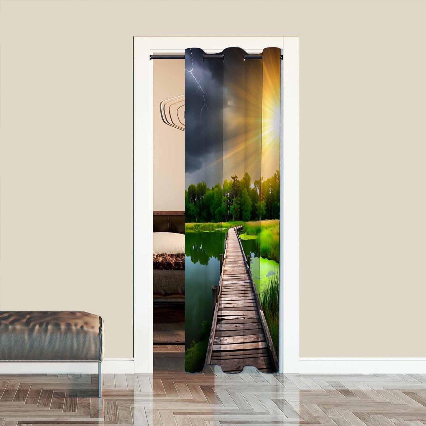 Haciadan Wooden Bridge Sliding Door Curtain River Sunset Green Grass Doorway Curtain 1 Panel 34" W X 80" L Door Drape for Kitchen Restaurant