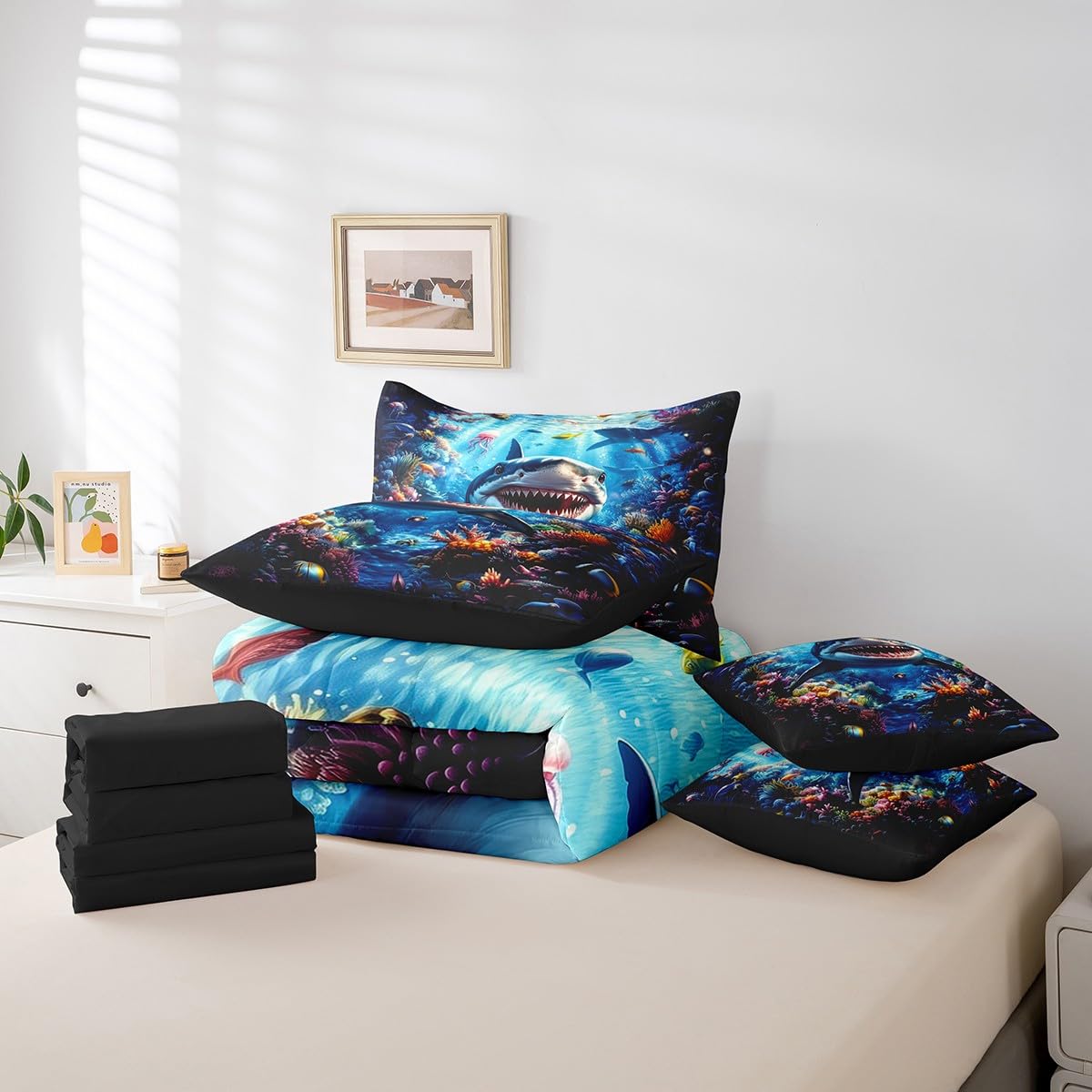 Feelyou Shark Comforter Set 7 Pieces Twin Size Kids, Ocean Sea Animal Bedding Set Boys Girls, Sea Underwater World Bed in a Bag,Comforter + Sheets + Pillowcases + Cushion Covers
