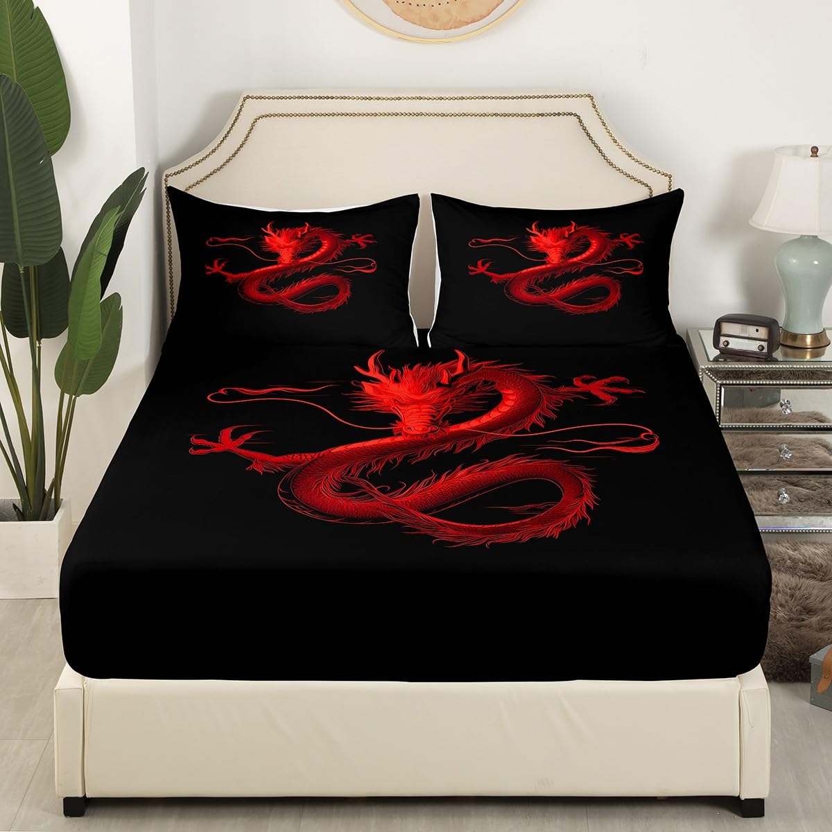 Feelyou Dragon Monster Bedding Sheets Full Red Dragon Bed Sheet Set for Adult Kids Classical Monster Fitted Sheet Black Red Cool Bed Cover 3Pcs,1 Fitted Sheet+2 Pillow Sham（No Flat Sheet）