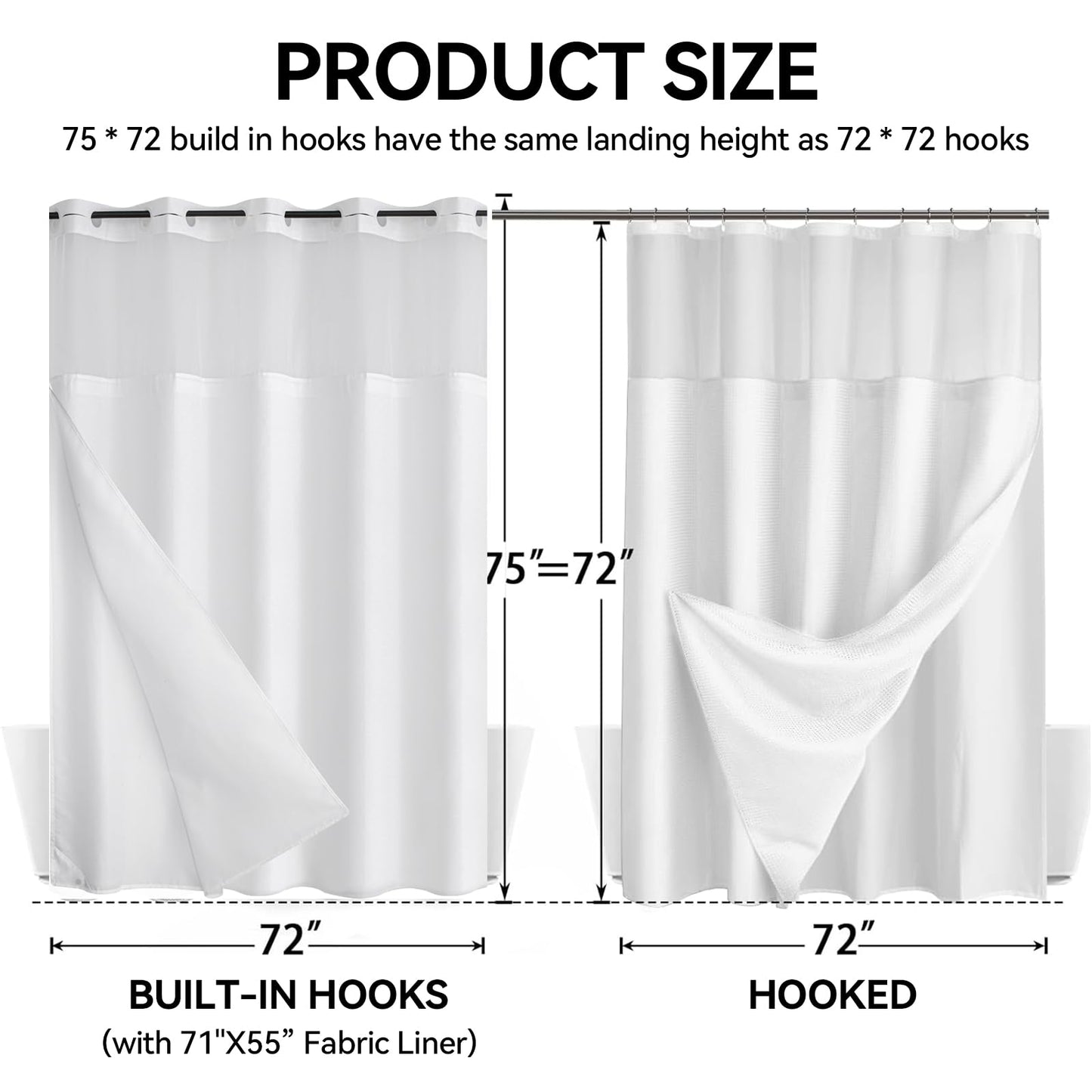 Blotixn No Hook Slub Textured Shower Curtain with Snap in Fabric Liner, Modern Hotel Style with See Through Top Window, Black Fabric Outer Curtain & Waterproof Inner Liner, 72 * 75 in