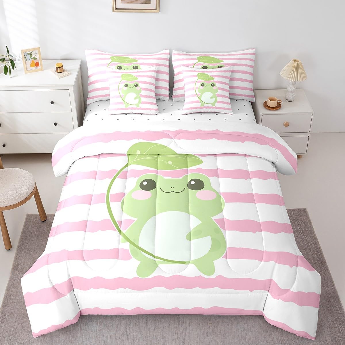 Castle Fairy Cute Frog 7Pcs Comforter Set Full Size,Cartoon Animal Bedding Sets for Kids Girls Boys,Pink White Striped Bed in a Bag Black White Fitted Sheet Flat Sheet,2 Throw Pillow 2 Pillowcases