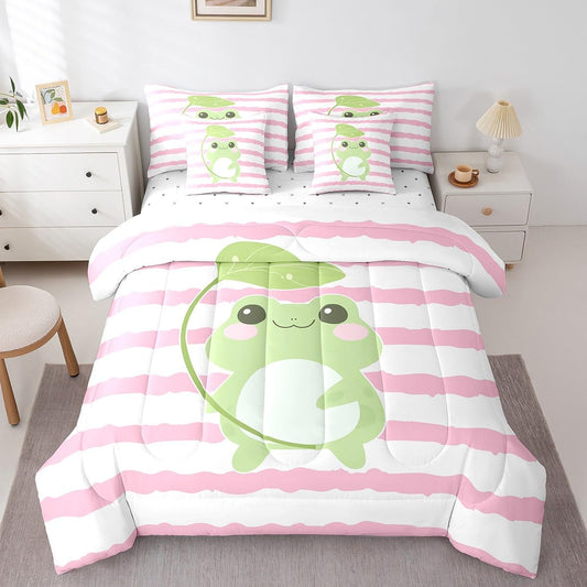 Castle Fairy Cute Frog 7Pcs Comforter Set Full Size,Cartoon Animal Bedding Sets for Kids Girls Boys,Pink White Striped Bed in a Bag Black White Fitted Sheet Flat Sheet,2 Throw Pillow 2 Pillowcases