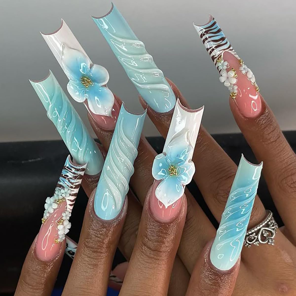 plalely Long Square Press on Nails,Handmade Acrylic Press on Nails with Designs，Long Press on Nail for Women 24pcs