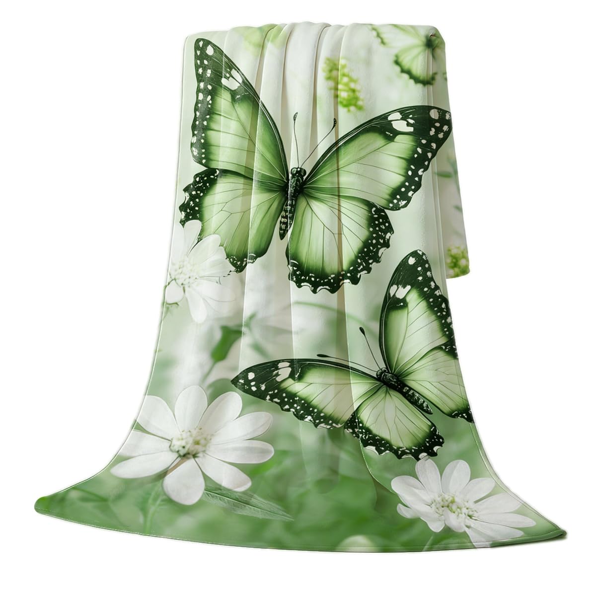 HUNXIAOJ Butterfly Throw Blanket for Couch Bed Green Girls Blanket Butterfly Decor Flannel Gift for Women Kids Girls Bedroom Living Room Home Decor 49"x59"