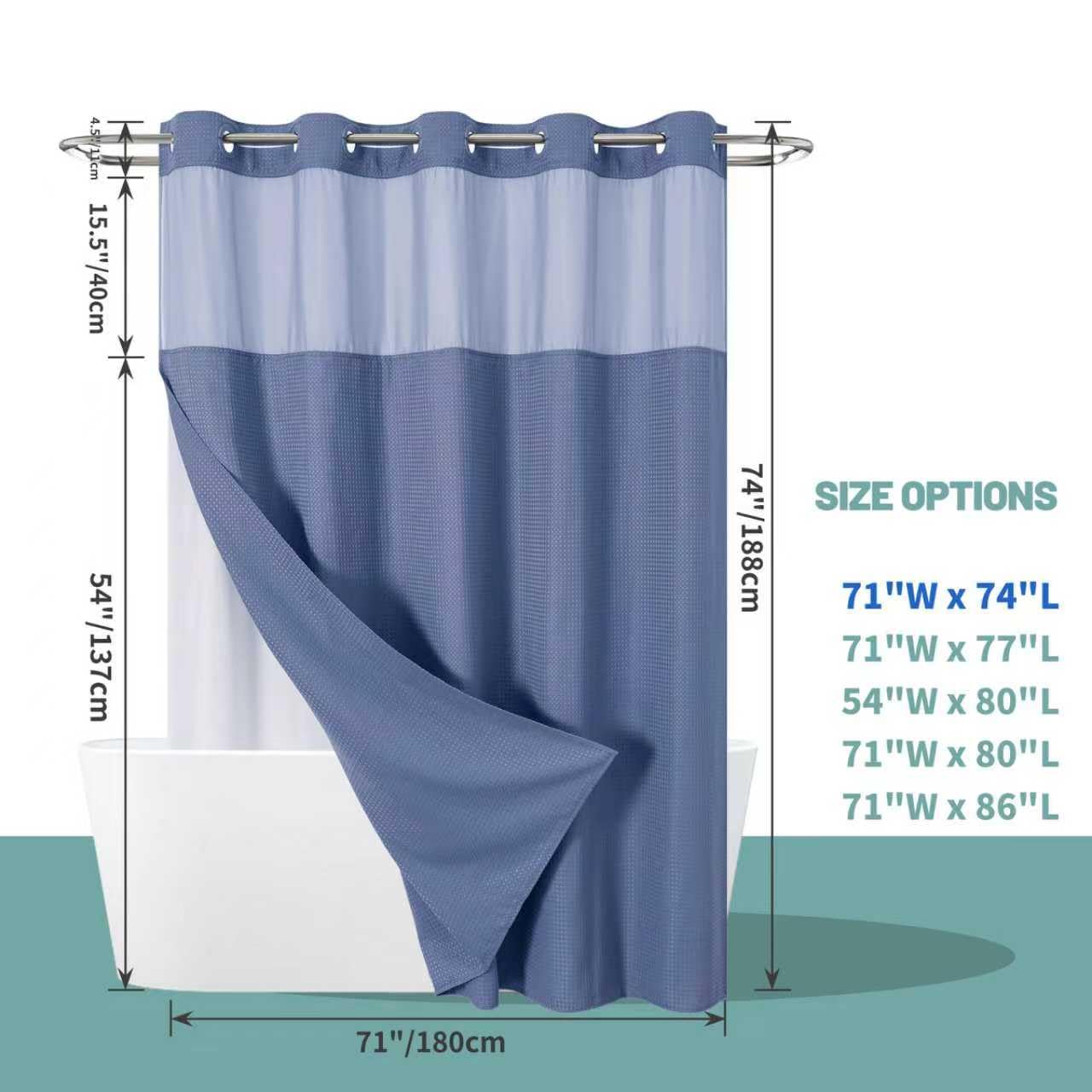 eachope MoonLightBlue No Hook Waffle Weave Shower Curtain with snap-in Liner Replacement, 230GSM Waterproof Fabric Hotel Shower Curtain Set for Bathroom, Through Mesh Top Window,71Wx74H