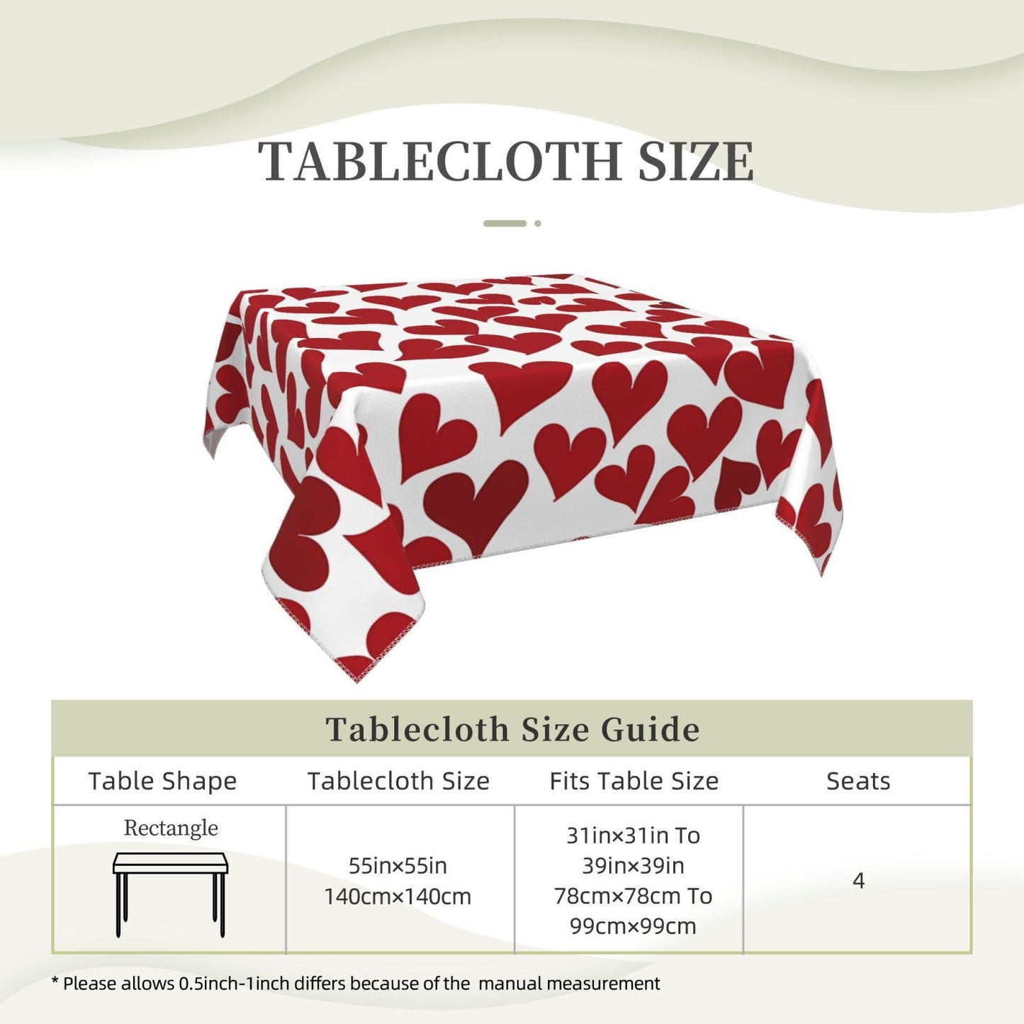 Entemne Square Table Cloth 55x55 Inch Red Love Heart Pattern Tablecloth Washable Soft Wrinkle Free Dust Proof Card Table Cover for Tea Party Picnic Kitchen Dining Decor