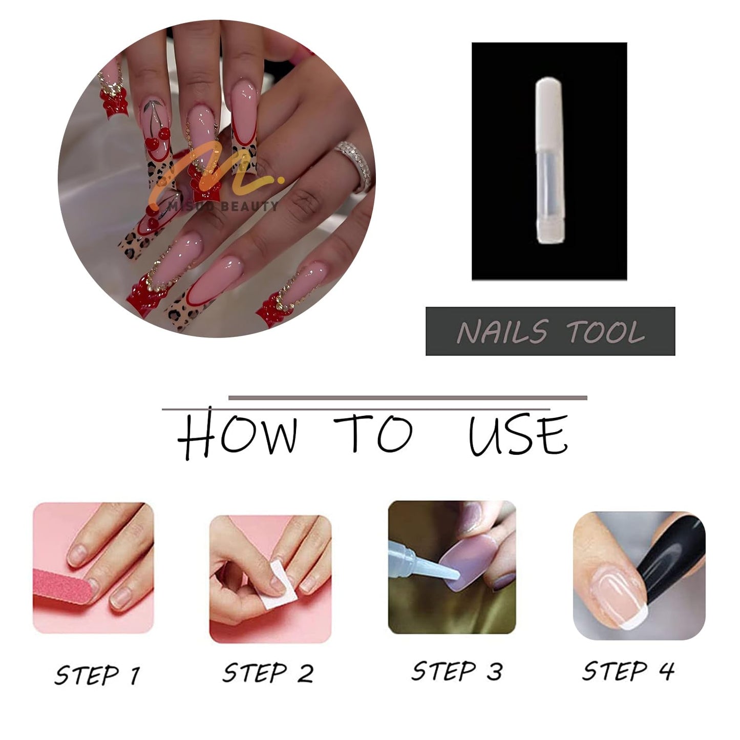 MISUD Press on Nails - Long Square Fake Nails with Red French Tip, Acrylic Cherry Cheetah Design 24 pcs
