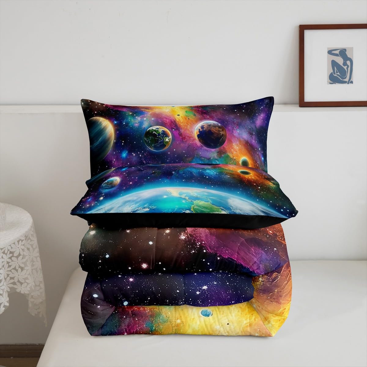 Feelyou Universe Galaxy Comforter Set Twin Size Kids Planets Earth Bedding Set Boy Girl Teen Solar System Comforter Breathable Outer Space Duvet Set Nebula Quilt Set