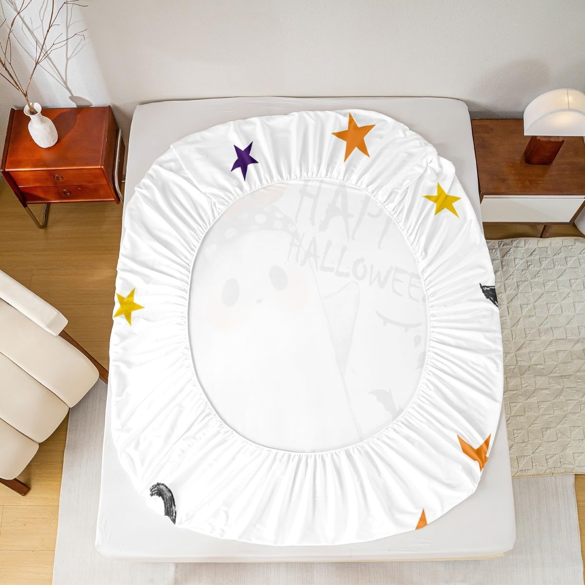 Feelyou Kids Halloween Bed Sheet Set Full Size, Cute Ghost Fitted Sheet Happy Halloween Bedding Set Boys Girls Horror Decor Teens Bedroom Decor Lightweight Bed Set (No Flat Sheet)