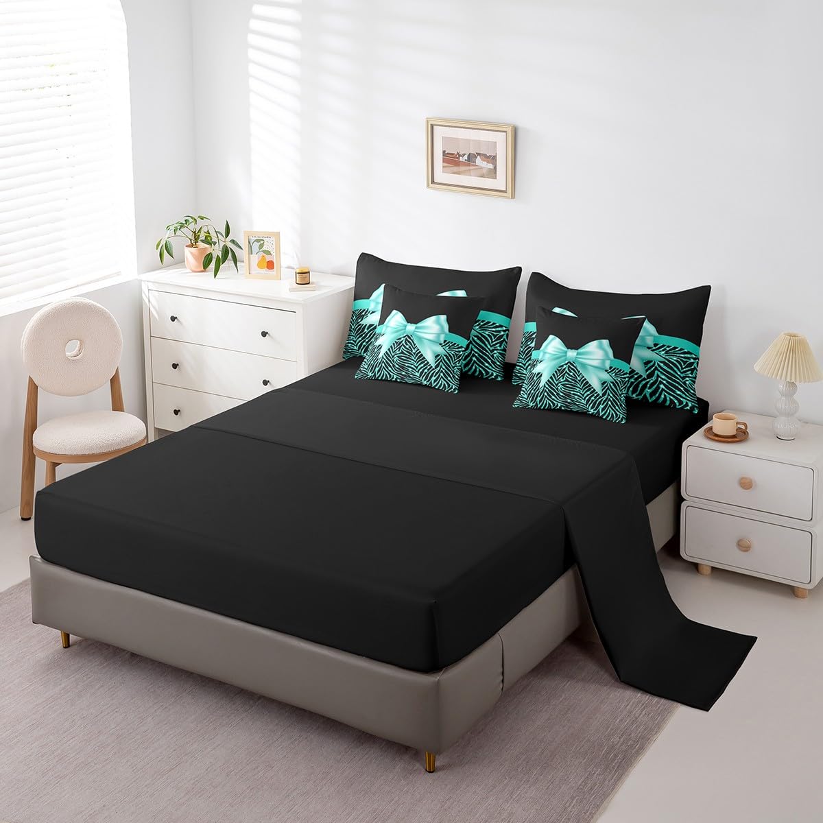 Feelyou Teal Bowknot 7 Piece Bedding Set Queen Size Glitter Print Comforter Set with Sheets for Kids Girls Adult Cute Bowknot Bed in a Bag Black Silver Bed Set