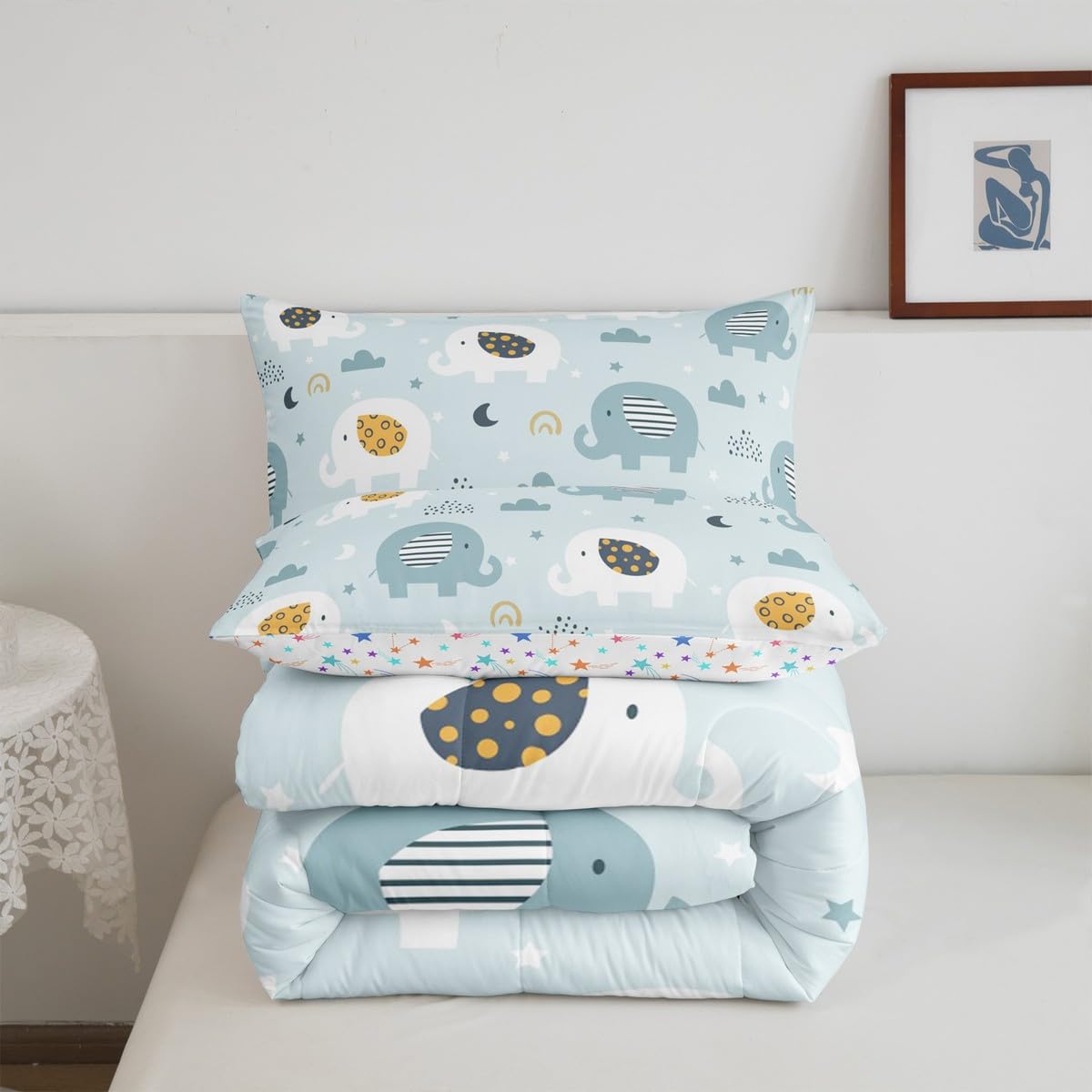 Feelyou Cartoon Elephant Bedding Set for Boys Girls Queen, Kids Zoo Animal Comforter Set Rainbow Elephant Comforter Wildlife Duvet Set 3Pcs