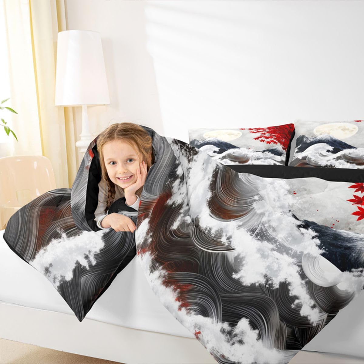 jejeloiu Japanese Wave Bedding Set Soft for Boys Girls, Japanese Style Comforter Set Queen Size Cherry Blossom Duvet Quilt Microfiber Mountain Bedroom Decor 3 Pcs with 2 Pillow Cases
