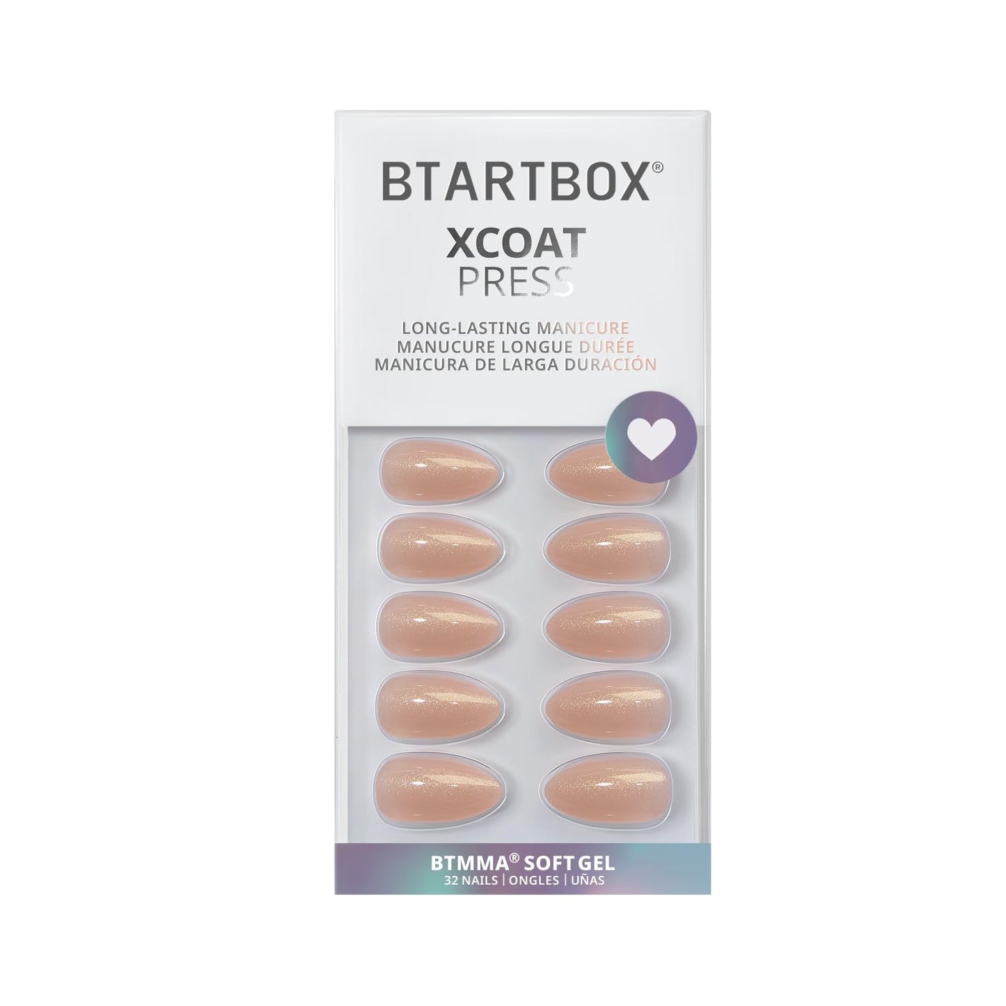 BTArtbox Press On Nails Short - Lamp-Curable Sparkly Almond Press On Nails with Glue for Women, Semi-Transparent Soft Gel Glue On Nails in 16 Sizes - 32 Stick On Nails Kit, Glow Mates