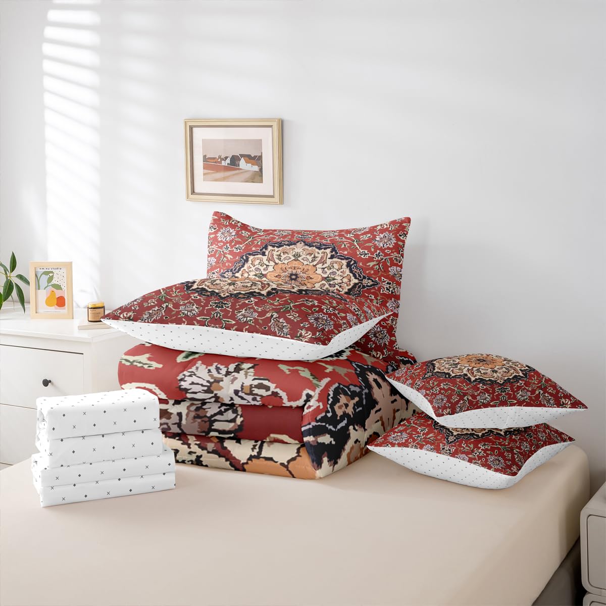 jejeloiu Retro Floral Boho Comforter Set with Sheets 7 Piece Twin Size Boho Bed in a Bag Kids Boys Girls Western Decor Bedding Set Bedroom Decor Breathable Soft Lightweight Microfiber