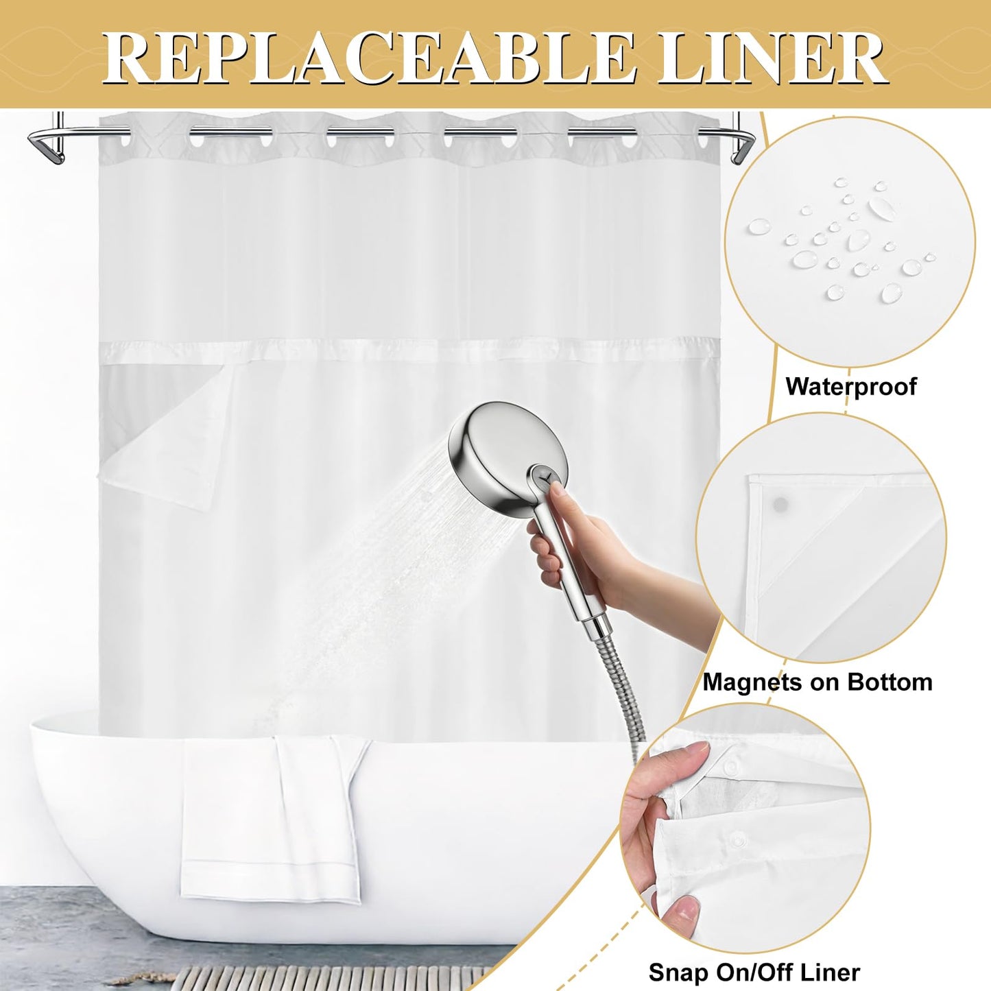 Yinhua No Hook Shower Curtain with Snap in Liner Set, Tufted Waterproof Shower Curtains for Bathroom Washable Bath Curtain Hotel Style Curtains with See Through Top Window, White, 71" W×74" L