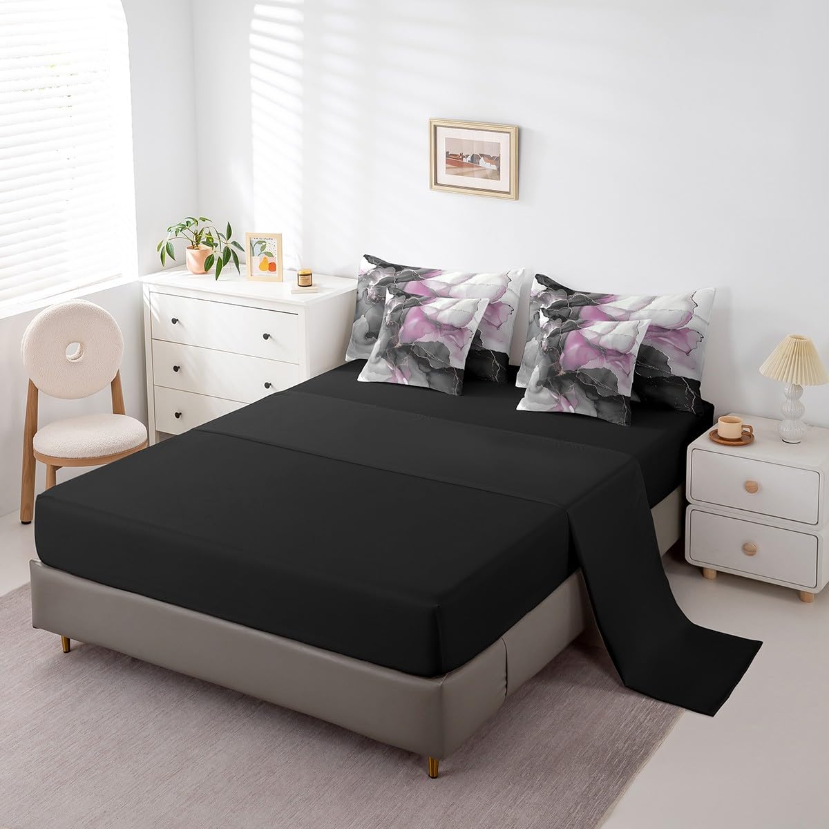 7 Pieces Girls Black and Pink Bedding Comforter Sets Modern Marble Bed in a Bag, Gold Metallic Full Bedding Sets Chic Foil Print Comforter Set, Abstract Mountain Fluid Bedding Sets & Collections