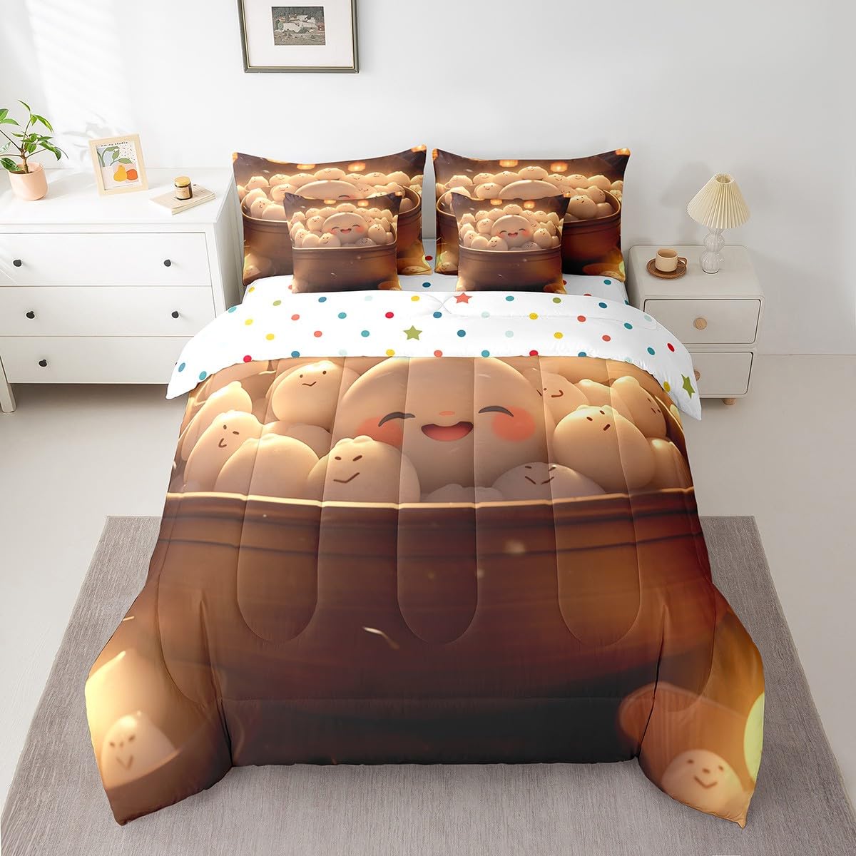 Erosebridal Sweet Dumpling Bedding Set King Size, Cute Dumpling Comforter Set, Traditional Chinese Food Kids Teens (Comforter+Fitted+Flat Sheet+2 Pillowcases+2 Throw Pillow Covers) 7 Pieces Bed Set