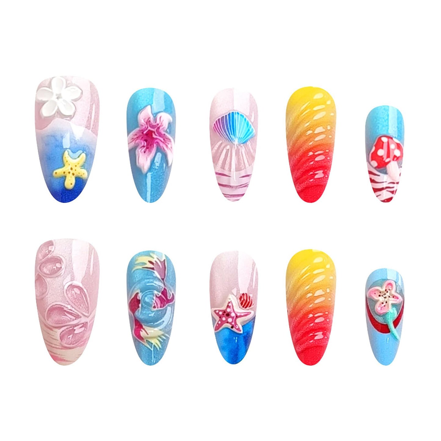 RUOKEXIN Almond Press on Nails French Tip Fake Nails Beach False Nails with 3D Flower Shell Designs Medium Nail Press ons Summer Sparkly Artificial Nails for Women 30Pcs