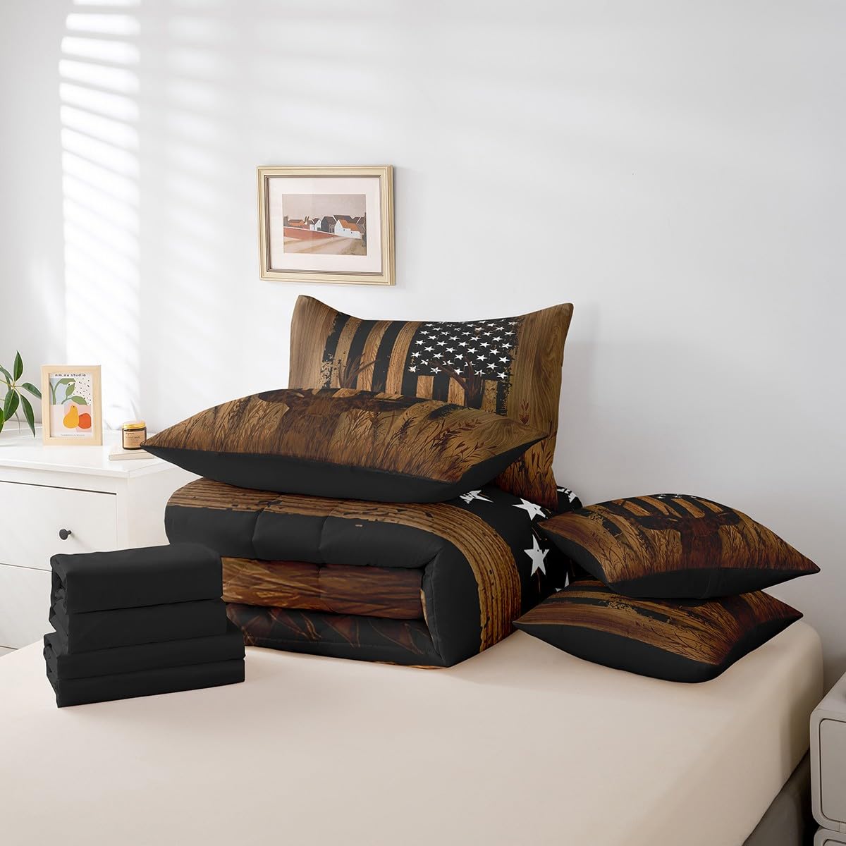 Feelyou Deer Hunting 7 Pieces Bedding Set, Queen Size American Flag Bed Set for Boys Girls Teens Bedroom Decor Cute Deer Bed in a Bag with Comforter, Sheets, Pillowcases Western Farmhouse