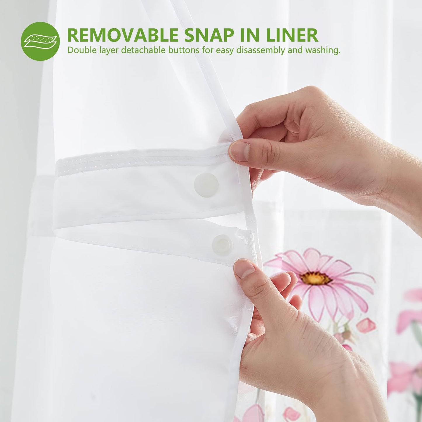 MEHOFOND Pink Flower No Hook Shower Curtain with Snap in Liner, Spring Watercolor Floral Plant Shower Curtain,See Through Mesh Top Window,Waterproof Fabric Flowers Hotel Shower Curtain Set 71" x 74"